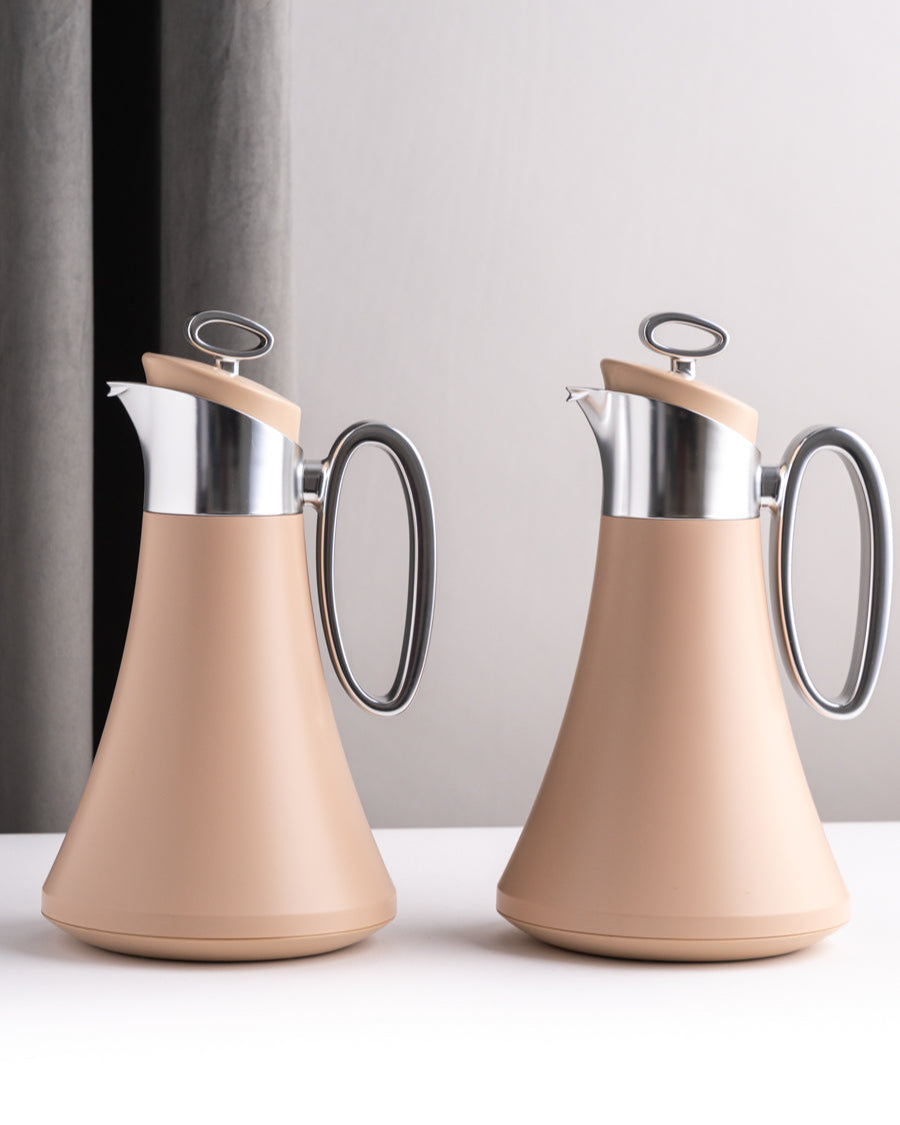 طقم مطارة شاي وقهوة لون بيج بمقبض سلفر