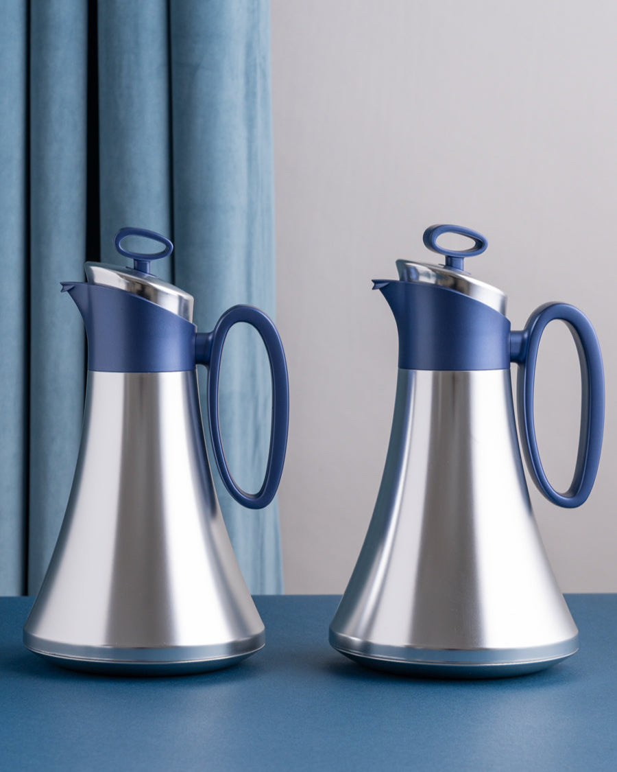 طقم مطارة شاي وقهوة لون سلفر بمقبض ازرق