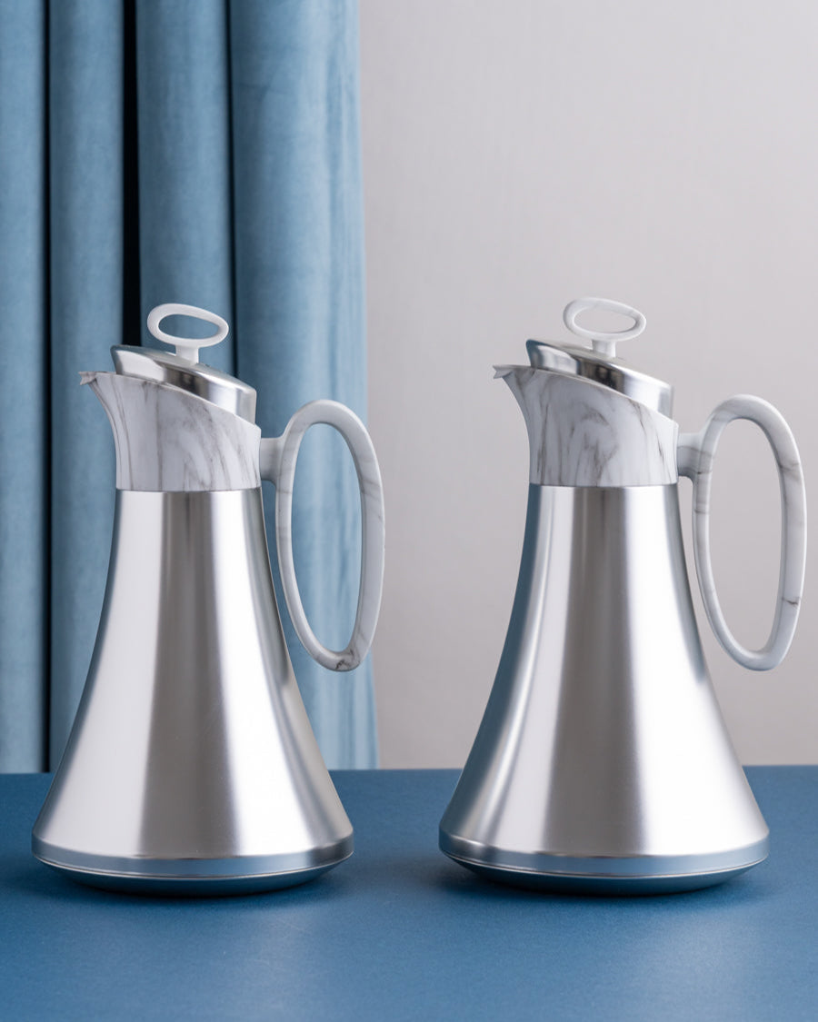 طقم مطارة شاي وقهوة لون سلفر بمقبض ماربل