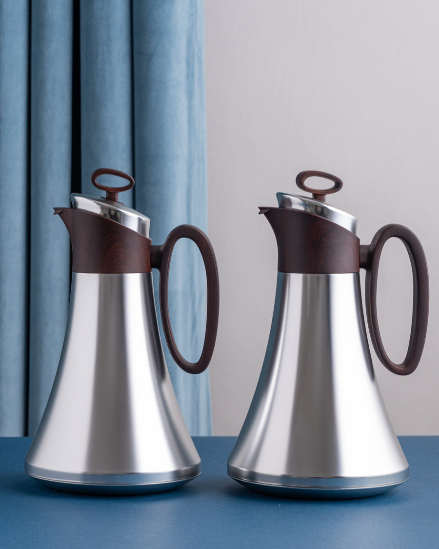 طقم مطارة شاي وقهوة لون سلفر بمقبض لون خشبي