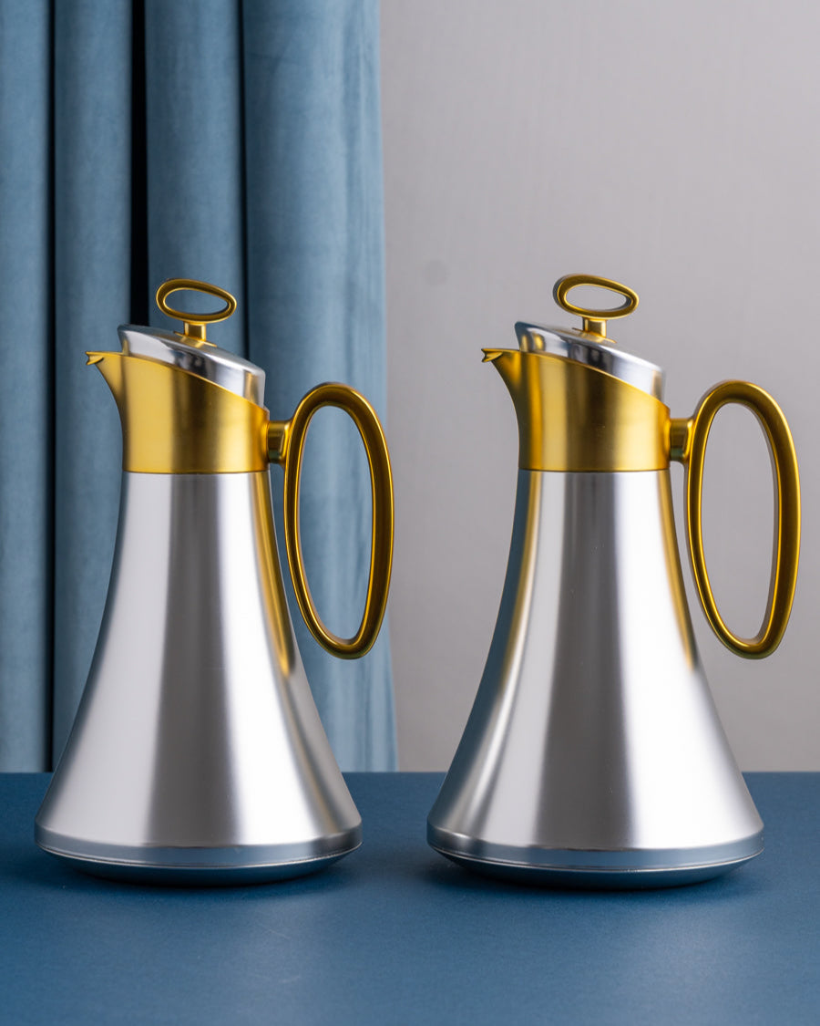 طقم مطارة شاي وقهوة لون سلفر بمقبض ذهبي